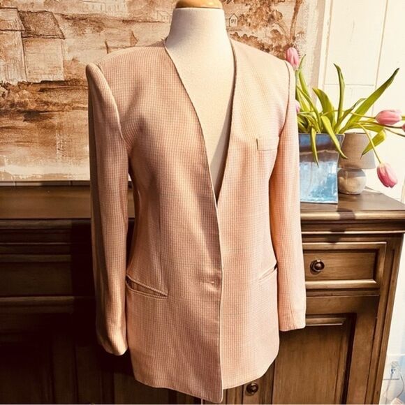 Vintage Oversized Collarless Blazer Pink and White Herringbone  1980’s size 8 - Picture 2 of 6